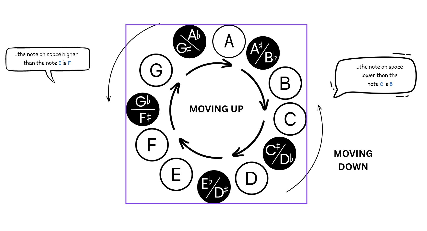 Chromatic scale — clockwise moves up the scale, anti-clockwise moves down